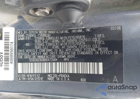 2006 Toyota Sienna Le из США, поврежденный, VIN 5TDZA23C86S472684